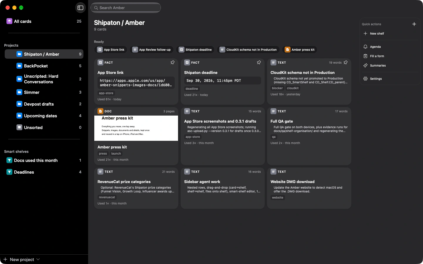 Amber on a Mac: the Shipaton / Amber project, with its pinned facts, a PDF press kit and text cards, and the projects and smart shelves in the sidebar.